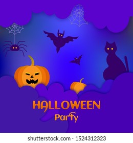 Vector illustration. Halloween party flyer with pumpkins, black cat, spiders web and flying bats. Paper cut decoration.