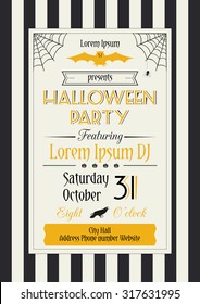 Vector illustration of Halloween party flyer decorated with traditional Halloween symbols