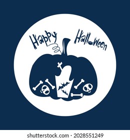 Vector illustration of a halloween party invintation with pumpkin, bat, headstone and text Happy Halloween for fabrics, paper, textile, gift wrap 