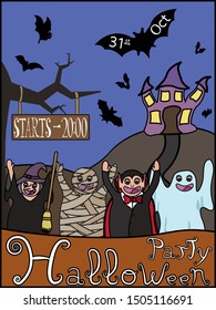 Vector illustration of halloween party invitation with mummy, vampire, ghost, witch, haunted house, moon and bats