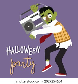 Vector illustration for Halloween. Party invitation flyer template. A funny zombie with a retro boombox invites you to a party.