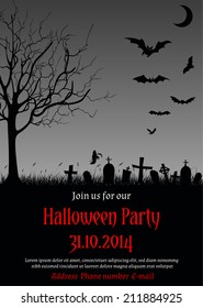 Vector illustration of Halloween party invitation in gothic style decorated with haunted tree, graves, bats, ghost and other Halloween symbols