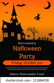 Vector illustration of Halloween party invitation in vintage style decorated with haunted house,  bats, witch, ghosts and other Halloween symbols