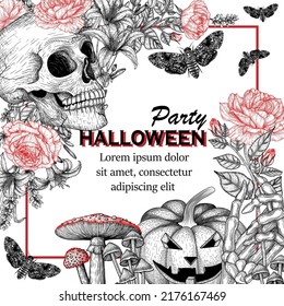 Vector illustration of halloween party invitation template in engraving style. Graphic linear skull, carved pumpkin, flowers, skeleton hand, mushrooms, butterfly bat head