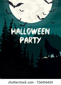 Vector illustration Halloween party invitation or greeting card. Wolf silhouette, bat and moon on dark sky background.