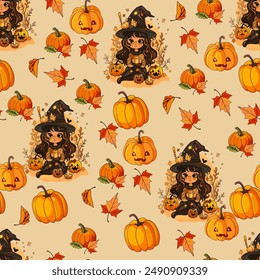 Vector illustration of Halloween party pattern. Dwarf with flying webs, Anime witches, cats, witch's broom. Halloween seamless illustration. Cute background for print, textile, clothing, wrapping