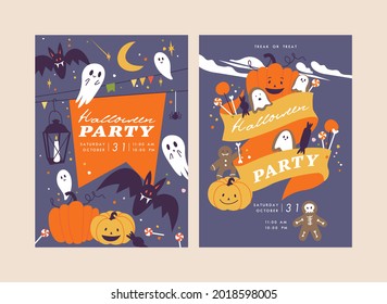 Vector illustration halloween party posters or invitation. Fall celebration leaflet. Horror Helloween placards