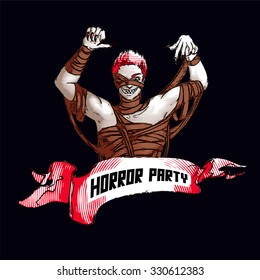 Vector illustration for Halloween party with scarring mummy and ribbon Horror party in comics and pop art style