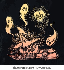 Vector illustration, Halloween, poisoned apple, ghosts, witch hat, scroll, mystic, witchcraft. handmade, prints, background  chalkboard