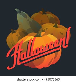 Vector illustration halloween postcard. Halloween postcard with colorful pumpkins. Modern postcard cartoon style. Autumn holiday postcard. Season harvest orange vegetable. Hand drawn lettering.
