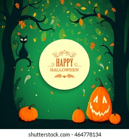 Vector Illustration of a Halloween Poster Background with Trees, Autumn Leaves and Funny Pumpkins