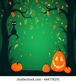 Vector Illustration of a Halloween Poster Background with Trees, Autumn Leaves and Funny Pumpkins