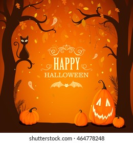 Vector Illustration of a Halloween Poster Background with Trees, Autumn Leaves and Funny Pumpkins