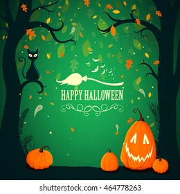 Vector Illustration of a Halloween Poster Background with Trees, Autumn Leaves and Funny Pumpkins
