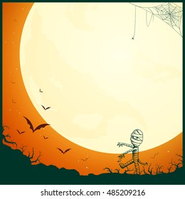 Vector Illustration of a Halloween Poster Background with Full Moon and Hand Drawn Mummy
