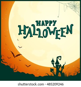Vector Illustration of a Halloween Poster Background with Full Moon and Scary Castle