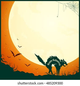 Vector Illustration of a Halloween Poster Background with Full Moon and Scary Cat