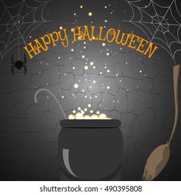 Vector illustration of Halloween poster with broom, cauldron, spider on the cracked background.