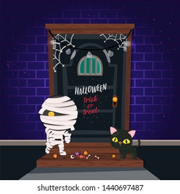 Vector illustration. Halloween poster with cute character on brick and scary door background. Trick or treat template. 
