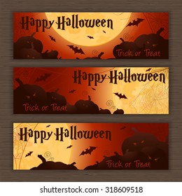 vector illustration of halloween poster with full moon, bat, pumpkin and label "Happy Halloween. Trick or treat". Can be used for banner, flyer, invitation or gift card creation.