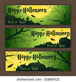 vector illustration of halloween poster with full moon, bat, pumpkin and label "Happy Halloween. Trick or treat". Can be used for banner, flyer, invitation or gift card creation.