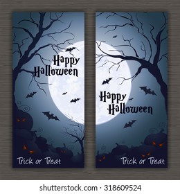 vector illustration of halloween poster with full moon, bat, pumpkin and label "Happy Halloween. Trick or treat". Can be used for banner, flyer, invitation or gift card creation.