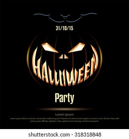 Vector illustration. Halloween poster on a black background. Jack Lantern on black dark background. Halloween party. Silhouette bat.