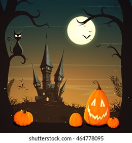 Vector Illustration of a Halloween Poster with a Spooky Haunted Castle, a Full Moon and Funny Pumpkins 