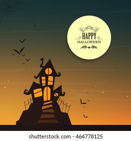 Vector Illustration of a Halloween Poster with a Spooky Haunted House and a Full Moon