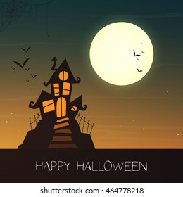 Vector Illustration of a Halloween Poster with a Spooky Haunted House and a Full Moon