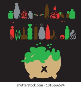 Vector illustration of Halloween potion bottles with a boiling caldron of slime, creepy eyes and spiderwebs on a black background.