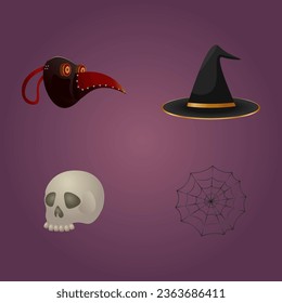 Vector illustration of Halloween props such as skulls, masks, witch hats and spider webs 