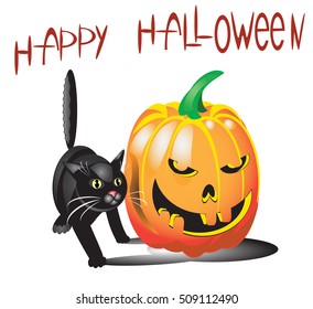 Vector illustration Halloween pumpkin and black cat.