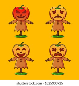Ilustración del vector halloween conjunto de calabaza expresión de carácter con fondo amarillo