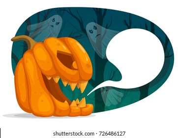 Vector illustration of Halloween pumpkin characters. Jack o Lantern head with speech bubble. Creepy dark forest with ghosts. Realistic style