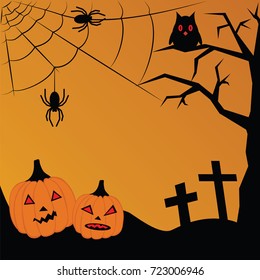 Vector illustration for Halloween. Pumpkin, crosses, cobwebs, spiders, owl and trees on an orange background.