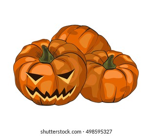 Vector illustration Halloween pumpkin with cut eyes and mouth scary face on a white background. October holiday line drawing