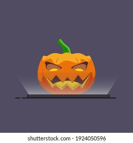 vector illustration of halloween pumpkin depicted on mobile phone screen. Isolated on dark background