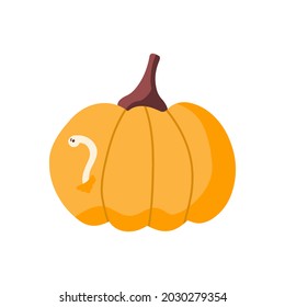 Vector illustration for Halloween, a pumpkin with an evil worm on a white background in a flat style. Illustration for postcards, posters, T-shirt prints, holiday decor