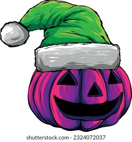 vector illustration of Halloween pumpkin face in santa claus hat.