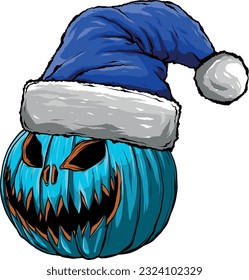 ilustración vectorial de la cara de calabaza de Halloween en el sombrero de santa claus.