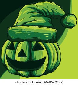 Ilustración vectorial de cara de calabaza de Halloween en sombrero de Papá Noel.