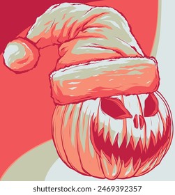 vector illustration of Halloween pumpkin face in santa claus hat.