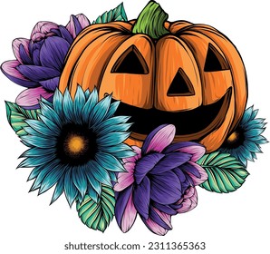 vector illustration of halloween pumpkin with flower