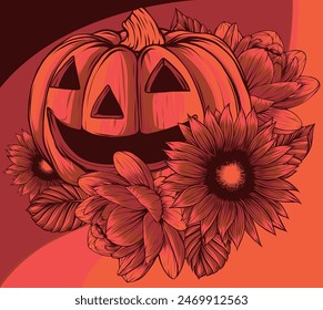 vector illustration of halloween pumpkin with flower