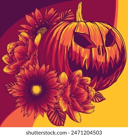 vector illustration of halloween pumpkin with flowers