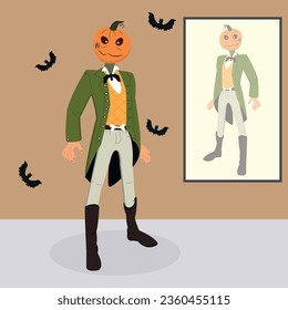 Imagen vectorial de una calabaza de Halloween en forma de hombre con una chaqueta verde, pantalones blancos y botas marrones. Ilustración del vector EPS10