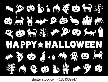 Vector illustration of Halloween. Pumpkin, ghost, bat, black cat. Black and white. Black background pattern. 