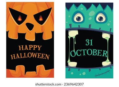 Vector illustration for Halloween. Halloween pumpkin with glowing eyes and space for test or invitation and Frankenstein with space for party address. Illustrations isolated from background.