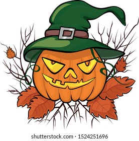 Vector illustration of a halloween pumpkin in a green hat. Composition of twigs and leaves.